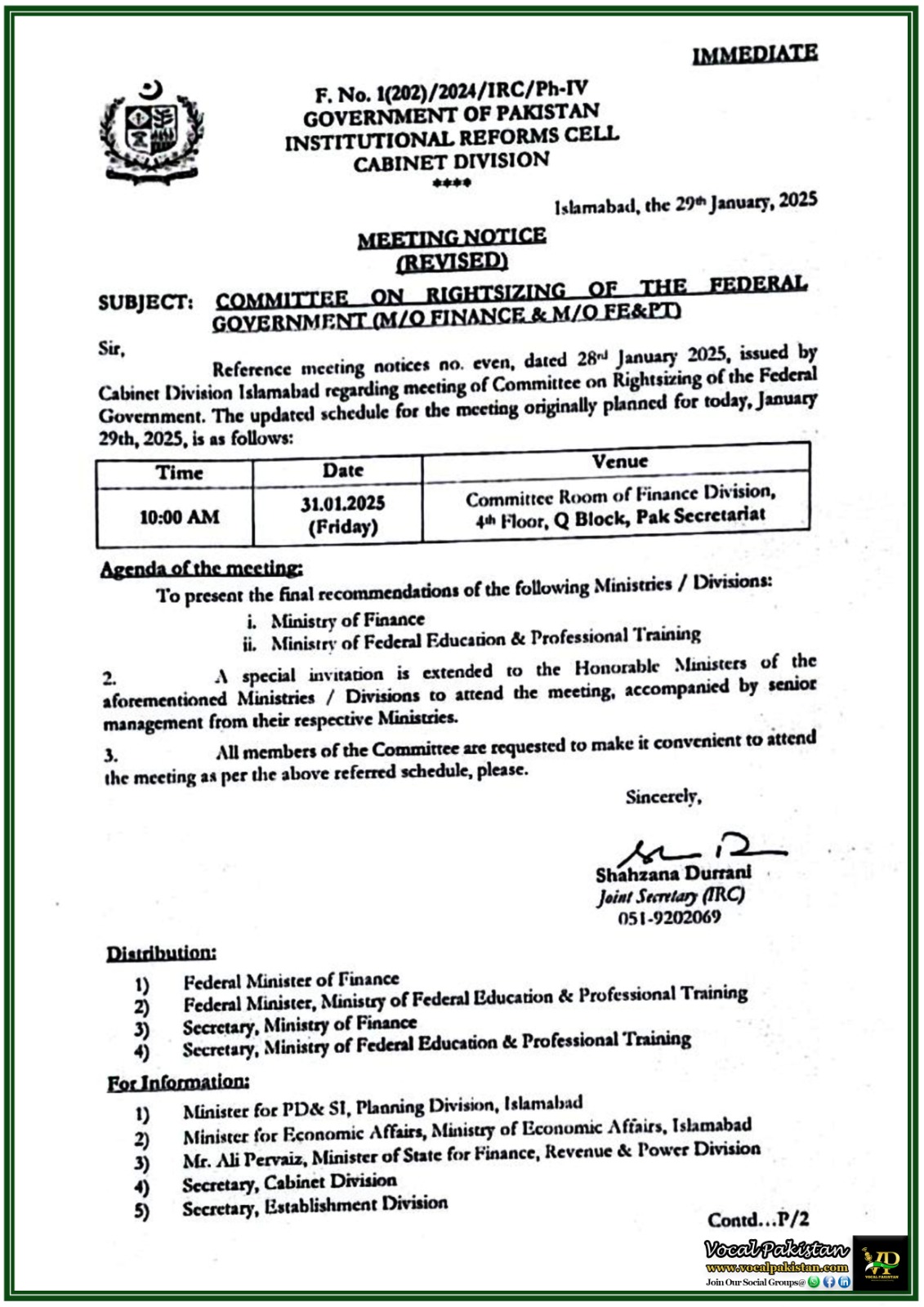 Federal 9 Institutional Reforms Cell Reschedules Key Meeting of Committee on Rightsizing to Review Finance & Education Ministries' Proposals on 31st January 2025–Notification