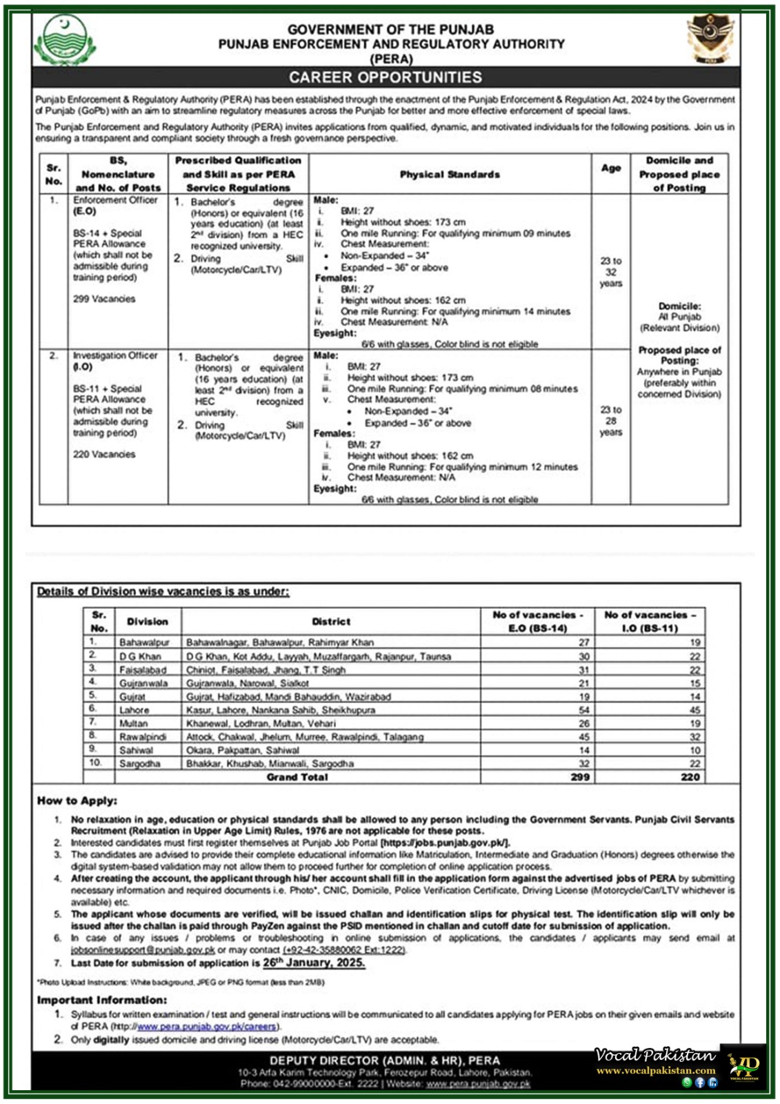KPSC Jobs 9 Join Punjab Enforcement and Regulatory Authority (PERA) Apply for Enforcement Officer & Investigation Officer Positions – Last Date 26th January 2025