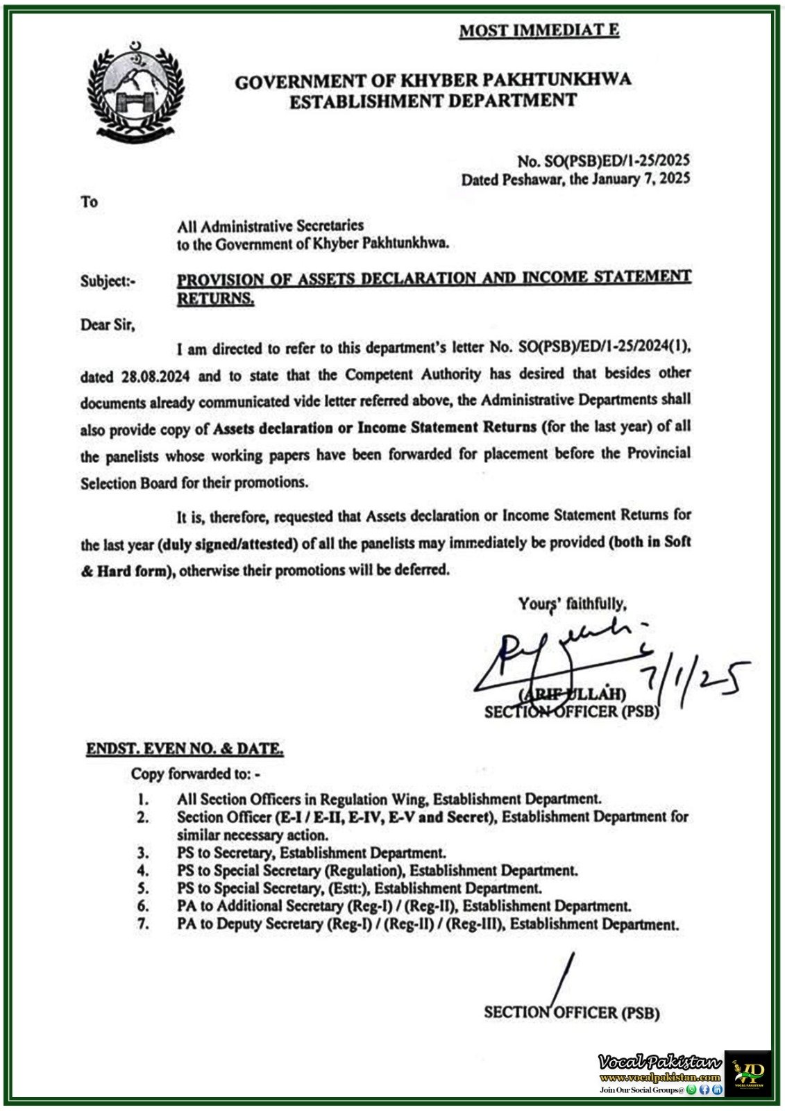 Khyber Pakhtunkhwa Directs Submission of Assets Declarations for Promotion Review–Notification