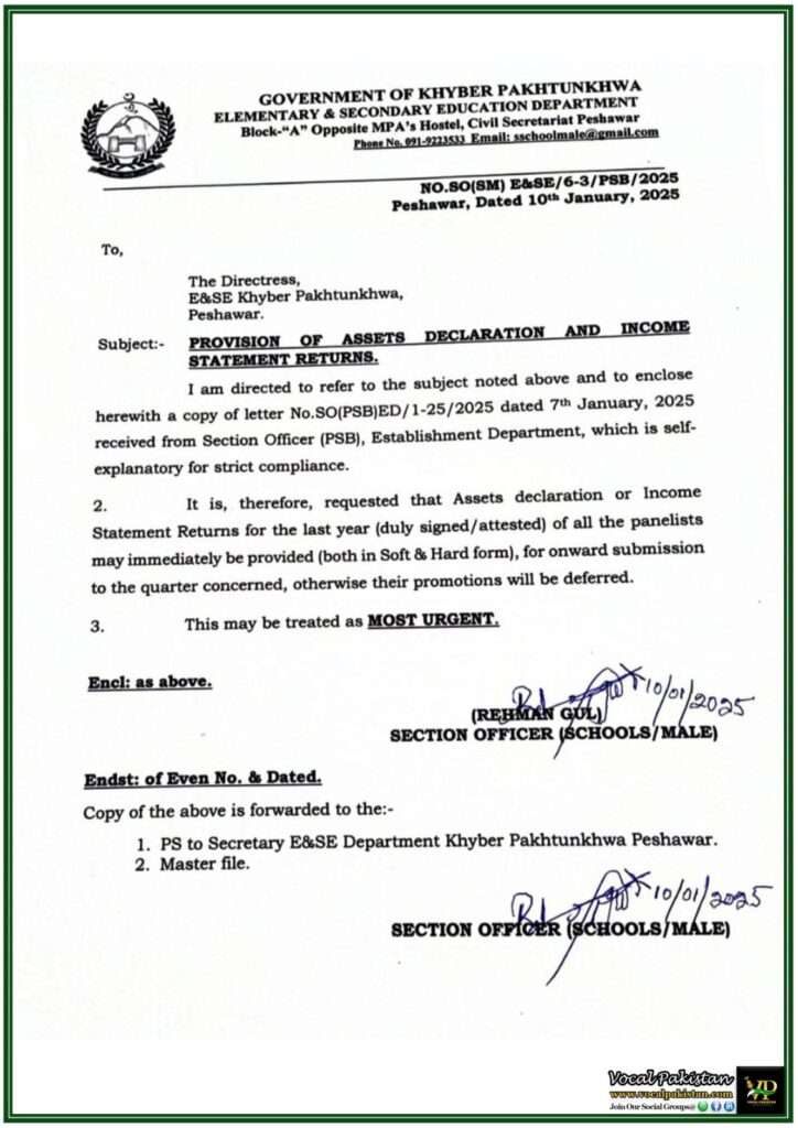 Khyber Pakhtunkhwa Education Department Issues Directive on Income Statements–Notification