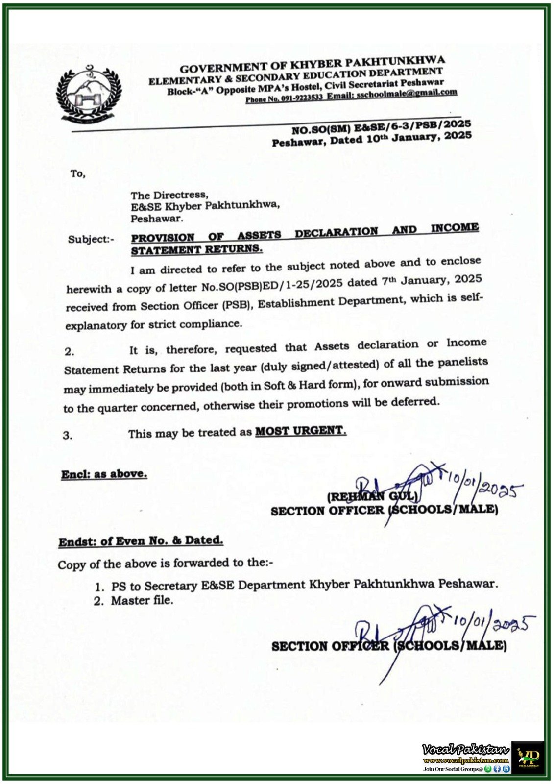 Khyber Pakhtunkhwa Education Department Issues Directive on Income Statements–Notification