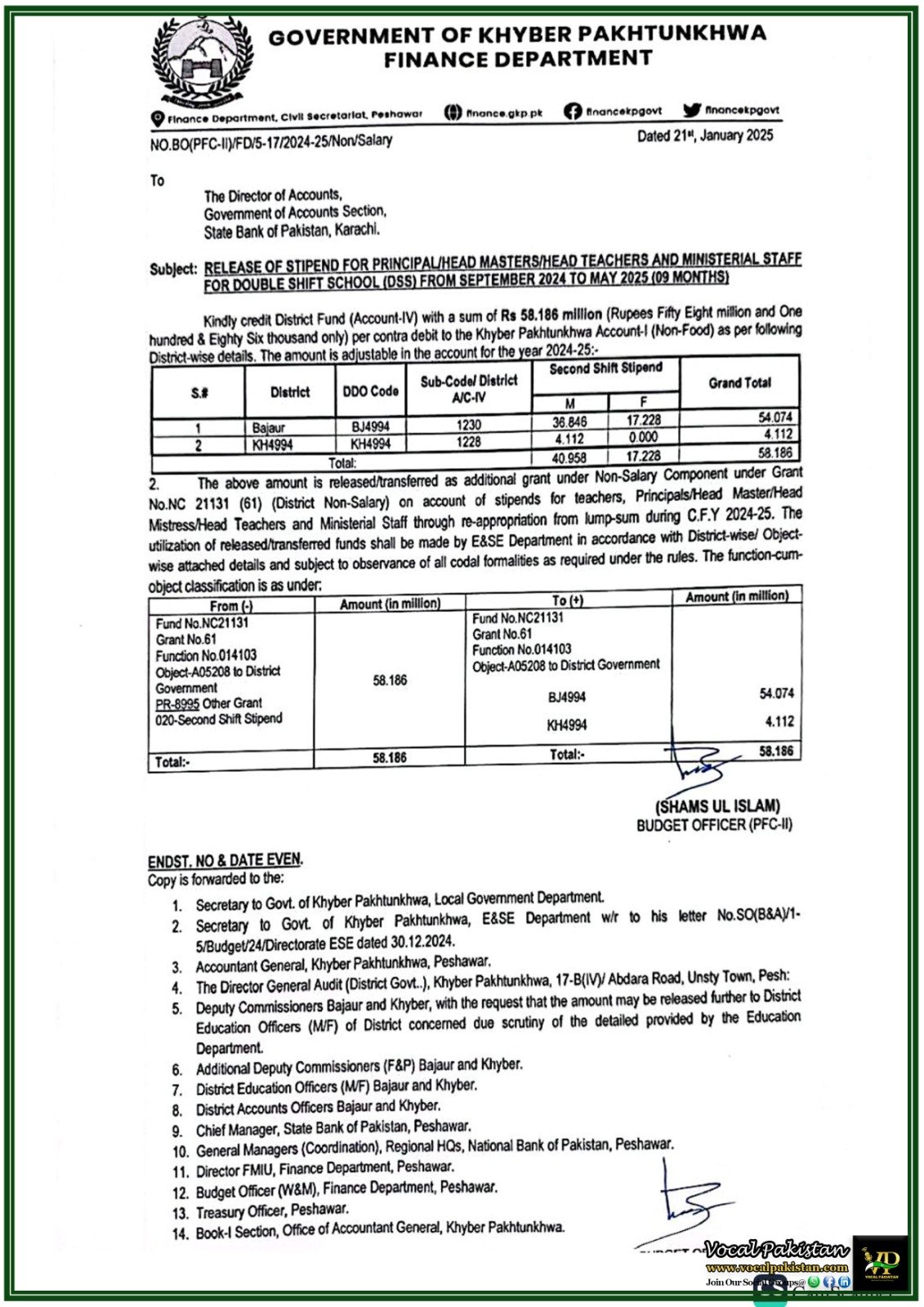 Khyber Pakhtunkhwa Finance Department Issues Stipend Release Notification for Double Shift School Staff-Notification