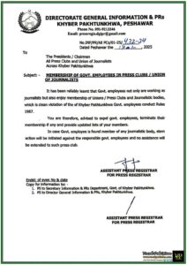 Khyber Pakhtunkhwa Government Bans Employees' Membership in Press Clubs and Journalist Unions–Notification