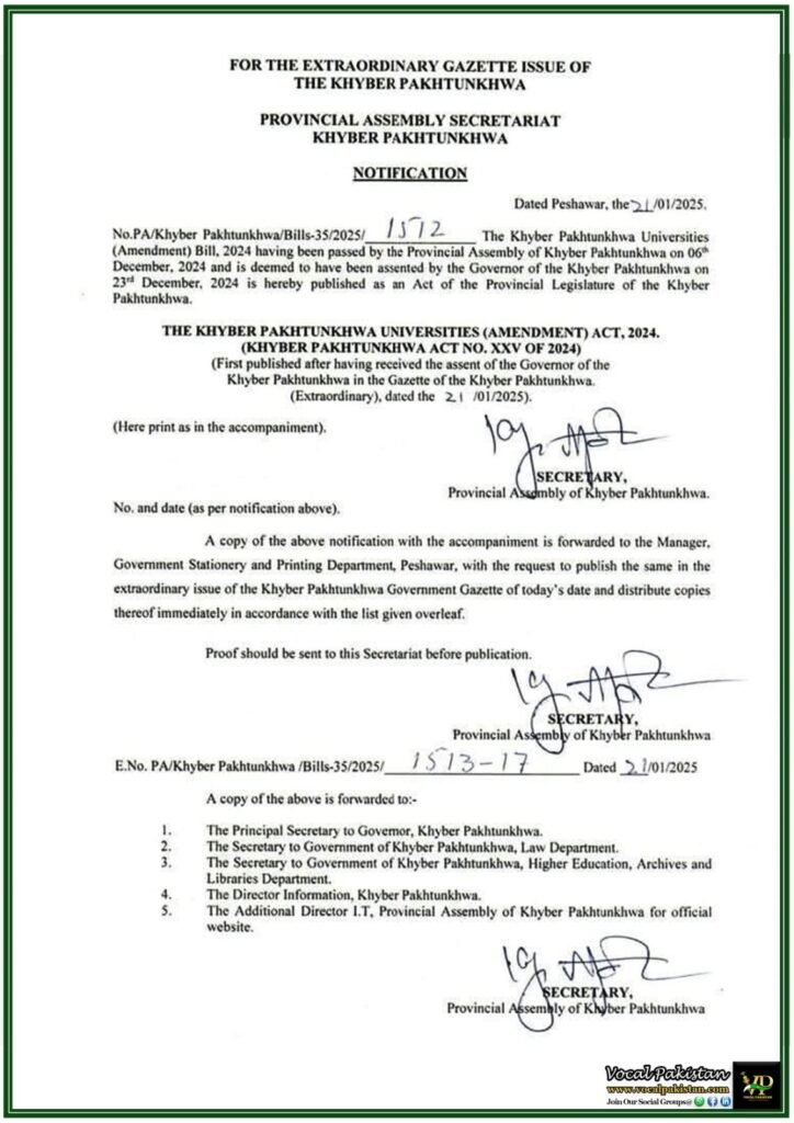 Khyber Pakhtunkhwa Government Publishes Universities (Amendment) Act, 2024–Notification