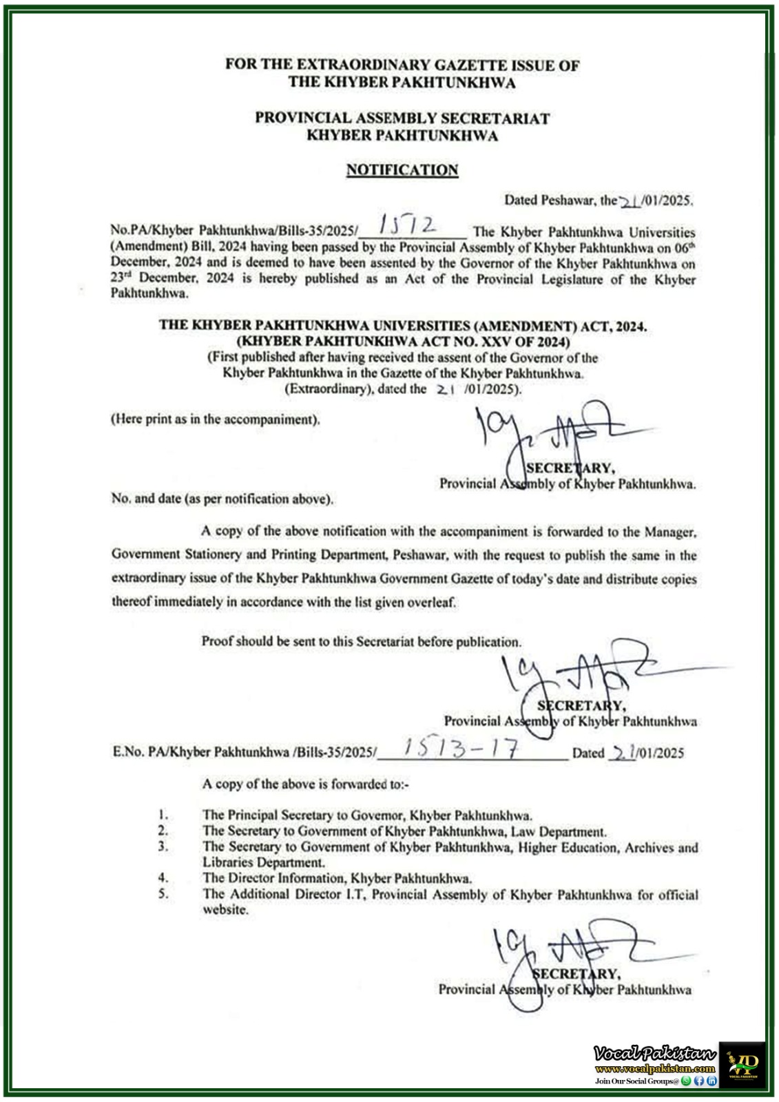 KPK 10 Khyber Pakhtunkhwa Government Publishes Universities (Amendment) Act, 2024–Notification