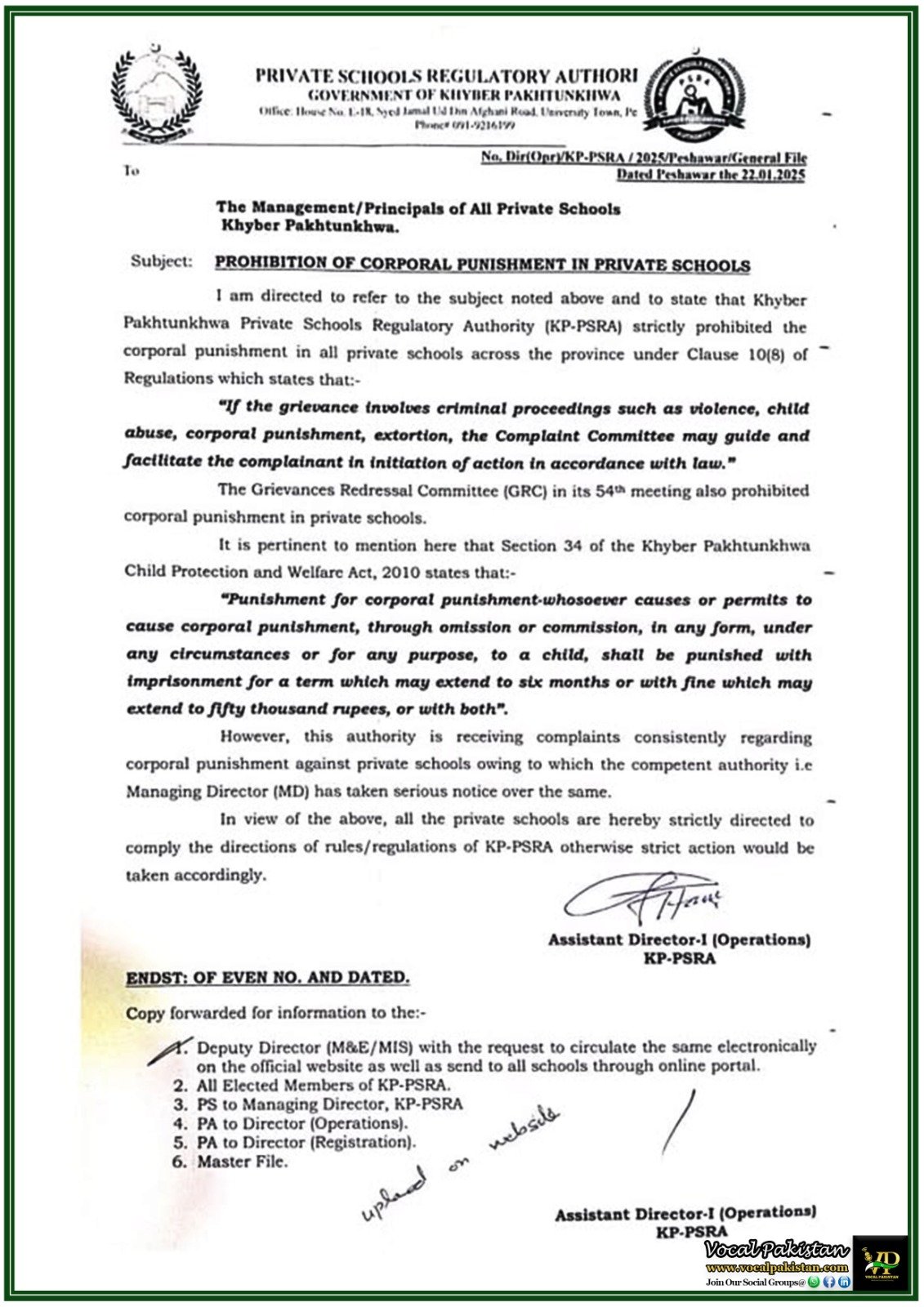 Khyber Pakhtunkhwa Private Schools Regulatory Authority (KP-PSRA) Prohibition Of Corporal Punishment In Private Schools-Notification