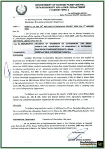 Khyber Pakhtunkhwa Provincial Cabinet Approves Transfer of Land for Permanent BISE D.I.Khan Building–Notification