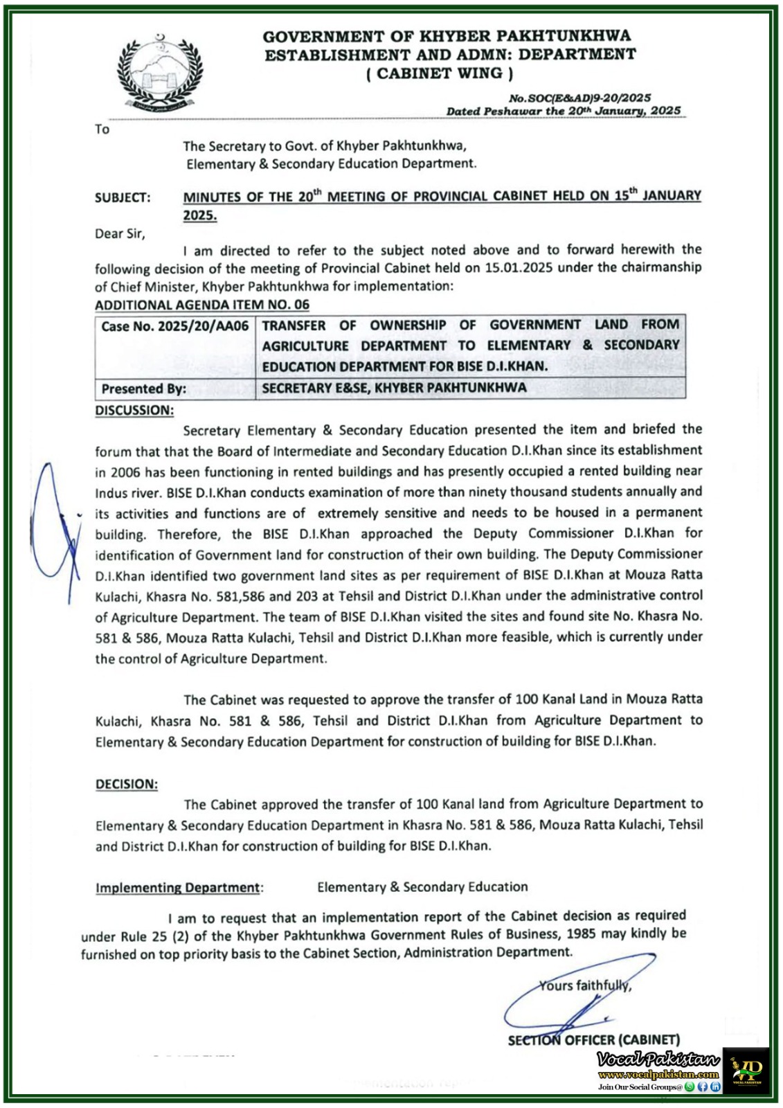 KPK 8 Khyber Pakhtunkhwa Provincial Cabinet Approves Transfer of Land for Permanent BISE D.I.Khan Building–Notification