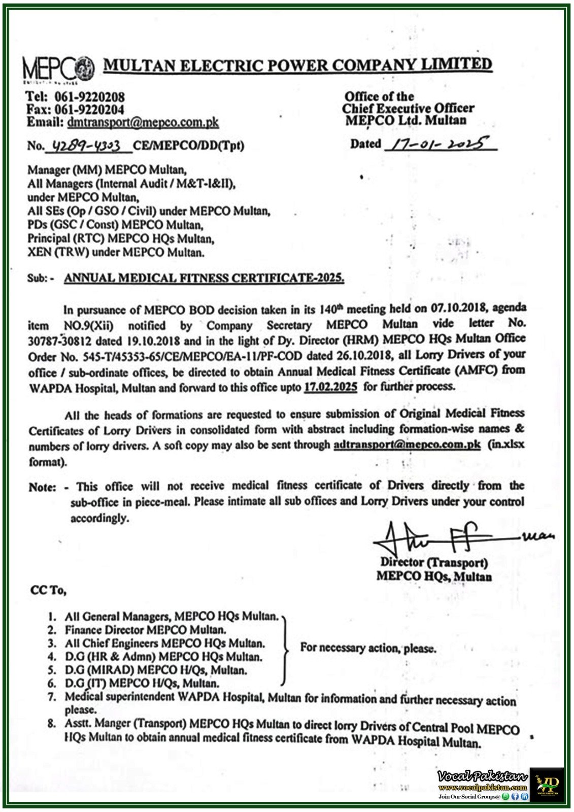 Mandatory Health Assessment for MEPCO Lorry Drivers: Compliance Deadline Announced–Notification