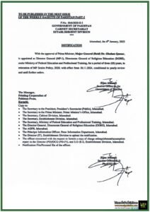 Prime Minister Approves Appointment of Major General (Retd) Dr. Ghulam Qamar as DG for Directorate General of Religious Education–Notification