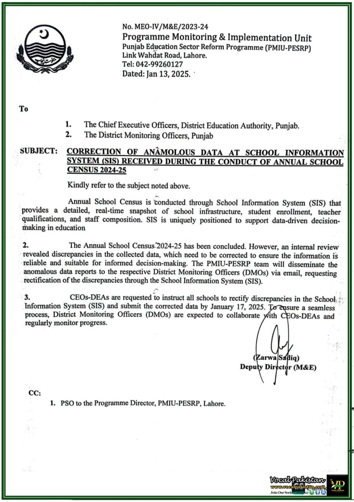 Programme Monitoring and Implementation Unit (PMIU) Directs Correction of Anomalous Data in Annual School Census 2024-25–Notification