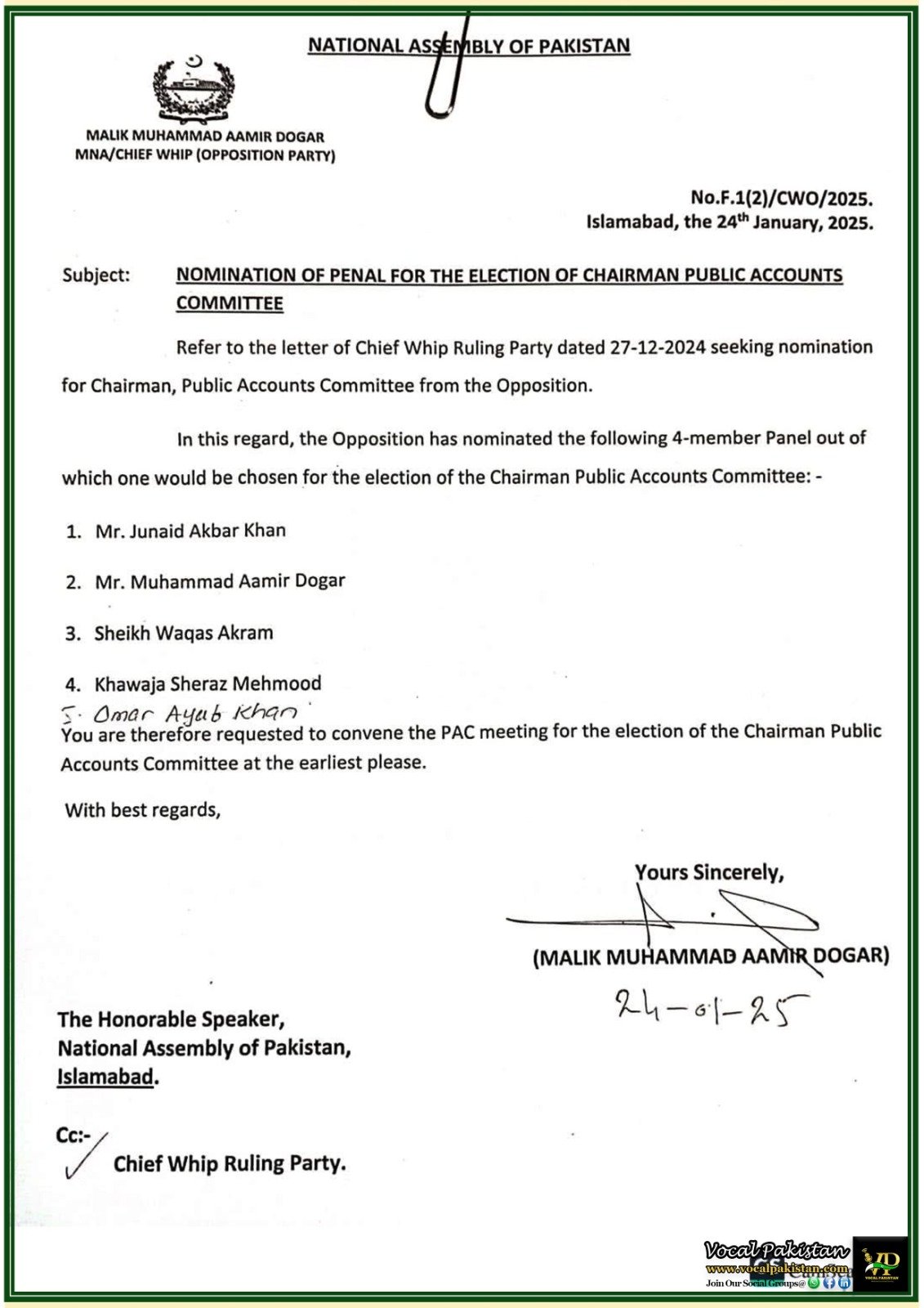 Public Accounts Committee Chairman Election: Nomination Panel Announced–Notification