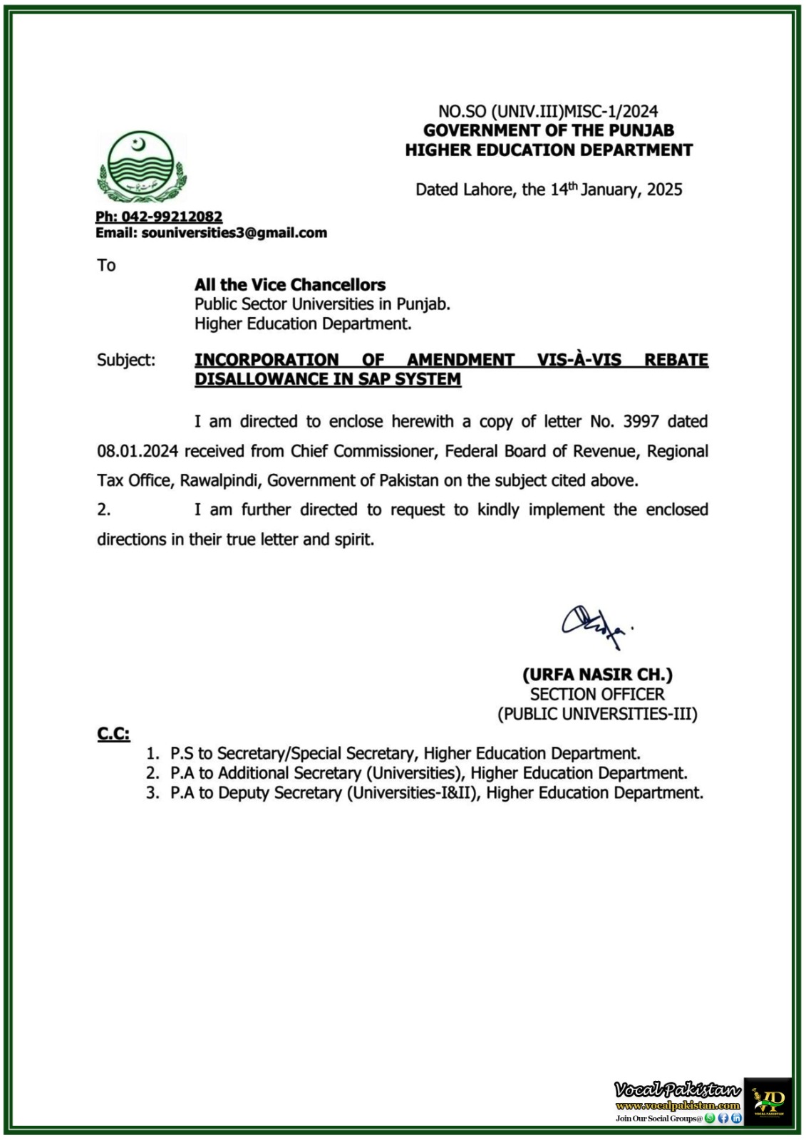 Punjab 8 Public Universities in Punjab Directed to Implement SAP System Amendment by Higher Education Department-Notification