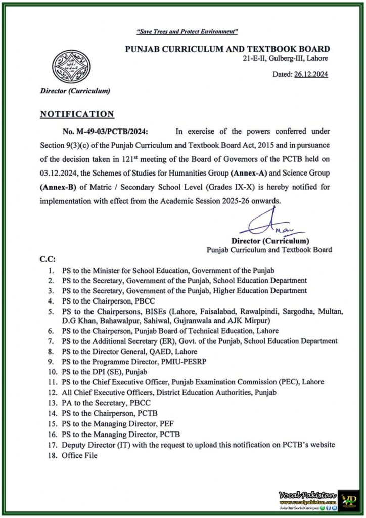 Punjab Curriculum and Textbook Board Announces Updates to Schemes of Studies for Humanities and Science–Notification 5 Punjab Curriculum and Textbook Board Announces Updates to Schemes of Studies for Humanities and Science–Notification