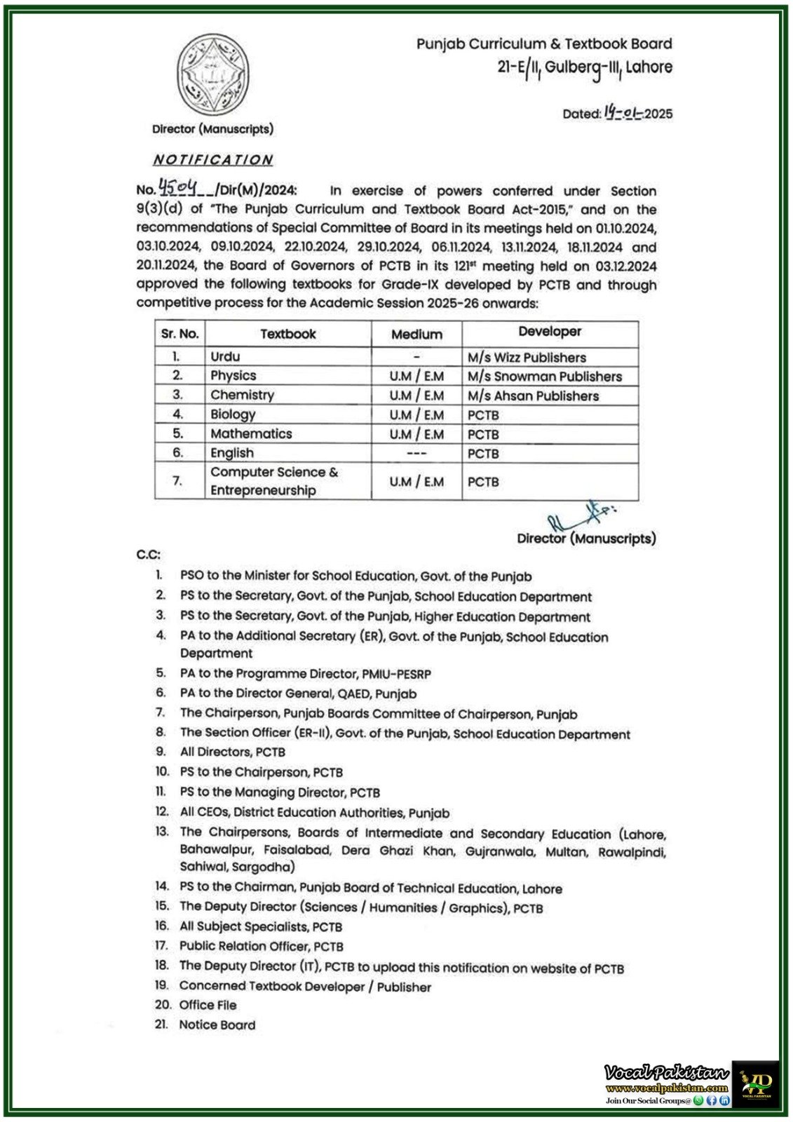 Punjab Curriculum and Textbook Board Approves New Textbooks for 9th Class for Academic Session 2025-26–Notification