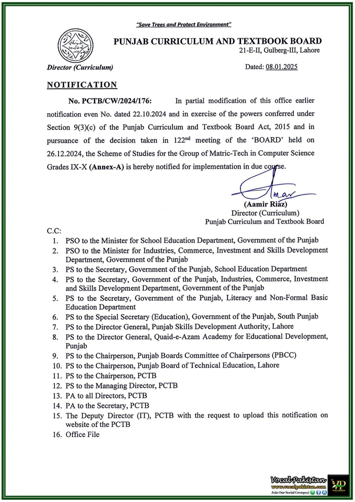 Punjab Curriculum and Textbook Board (PCTB) Announces Revised Scheme of Studies for Matric-Tech Computer Science–Notification