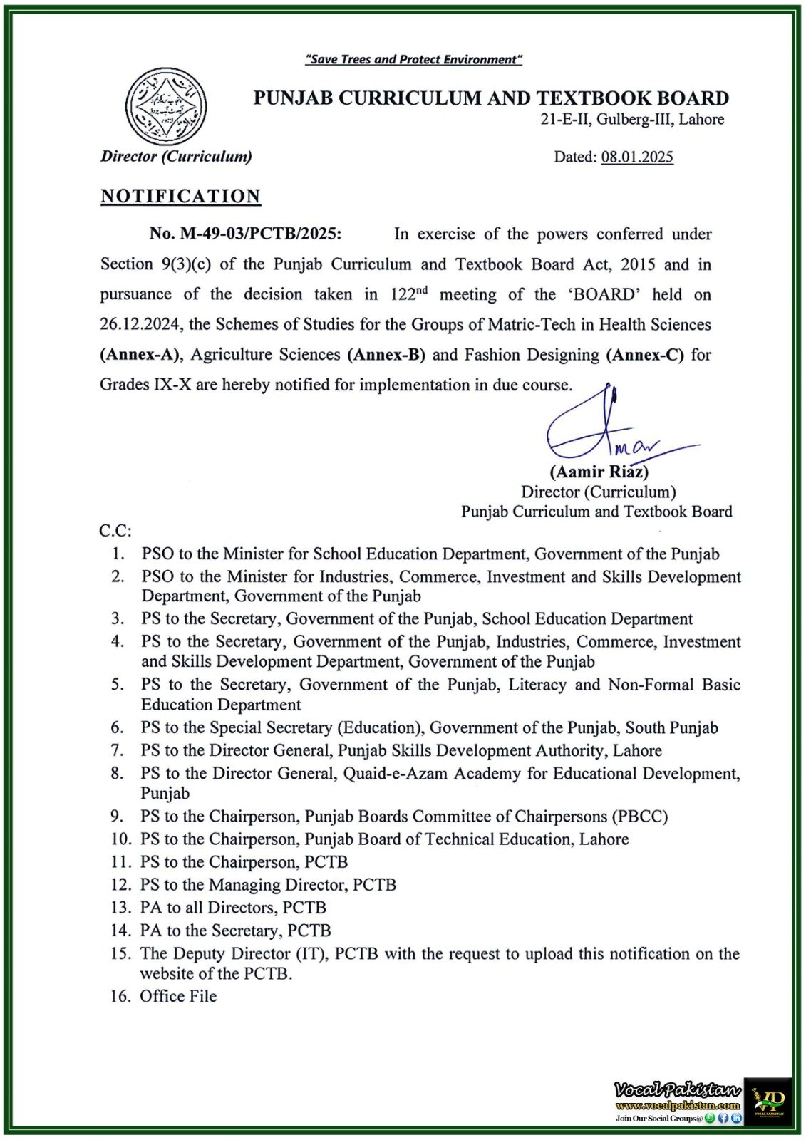 Punjab Curriculum and Textbook Board (PCTB) Introduces Matric-Tech Schemes of Studies in Health, Agriculture, and Fashion–Notification