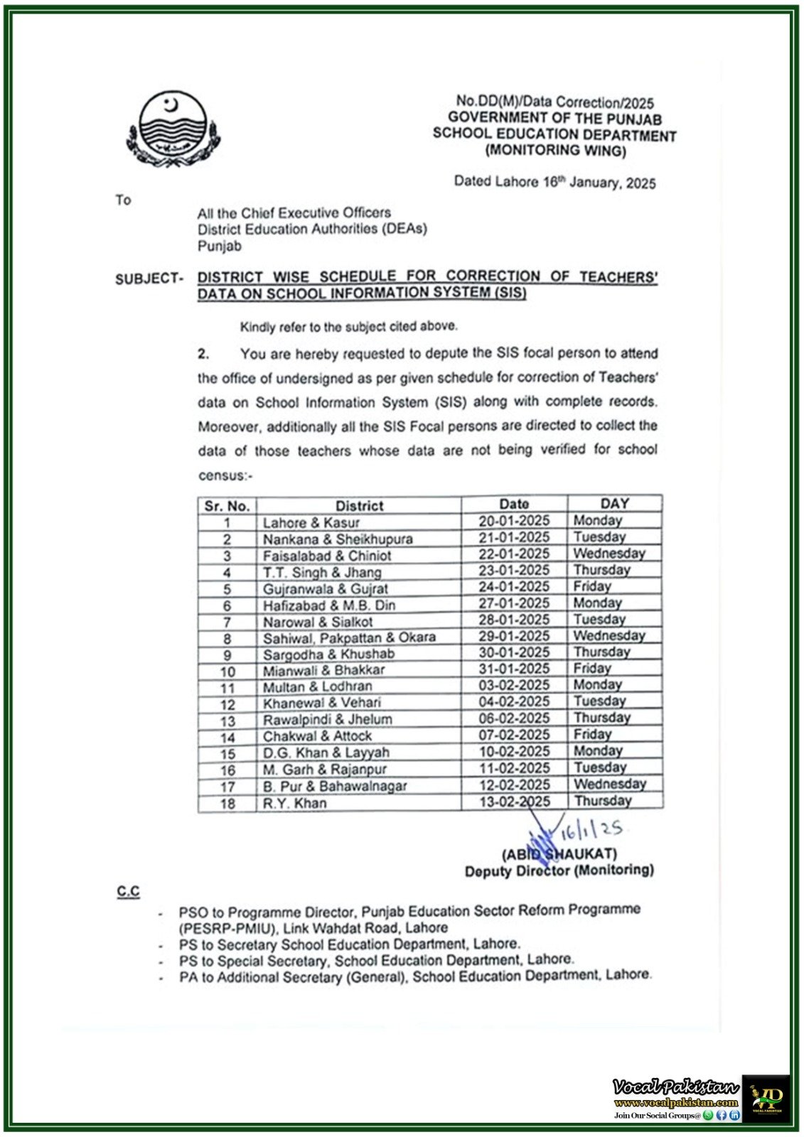 Punjab Education Department Issues District-Wise Schedule for SIS Data Correction–Notification