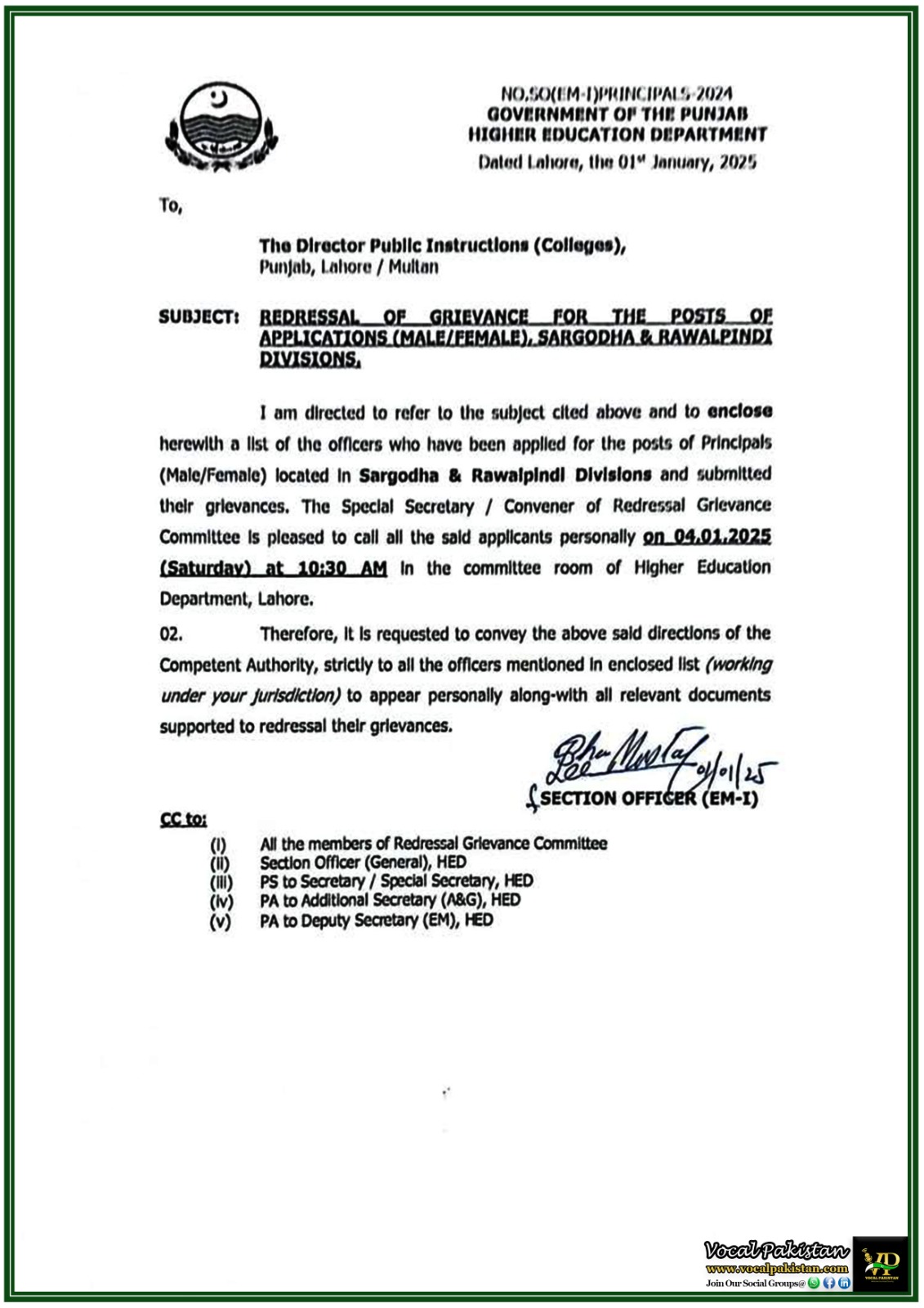 Punjab Government Addresses Grievances in Principal Selection for Sargodha and Rawalpindi Divisions–Notification