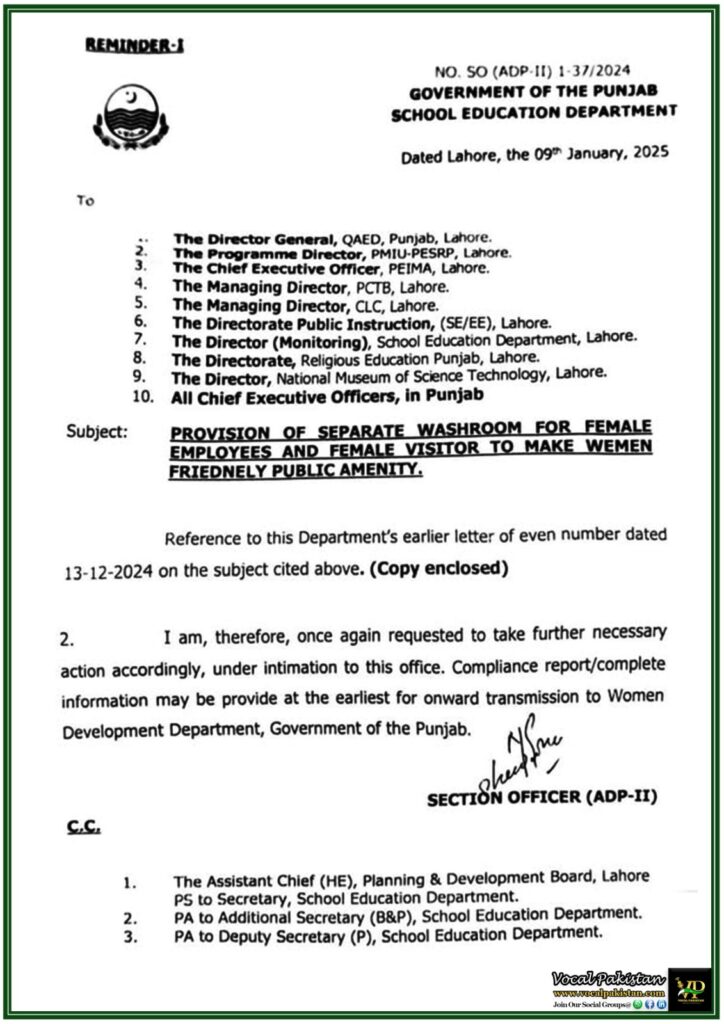 Punjab Government Emphasizes Separate Washrooms for Women in Public Institutions–Notification 3 Punjab Government Emphasizes Separate Washrooms for Women in Public Institutions–Notification