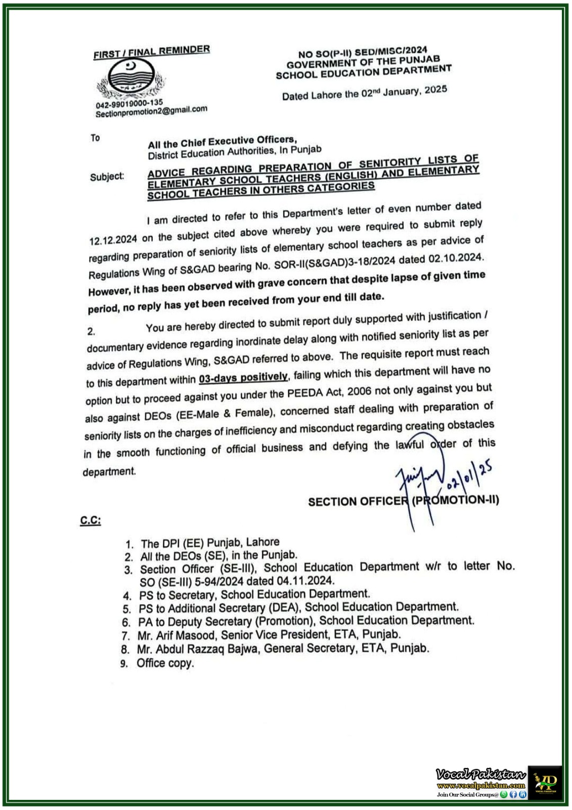 Punjab 10 Punjab Government Urges Immediate Submission of Seniority Lists for Elementary School Teachers–Notification