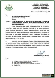 Punjab Health Department Terminates Adhoc Services for Medical Officers in Outsourced Basic Health Units–Notification