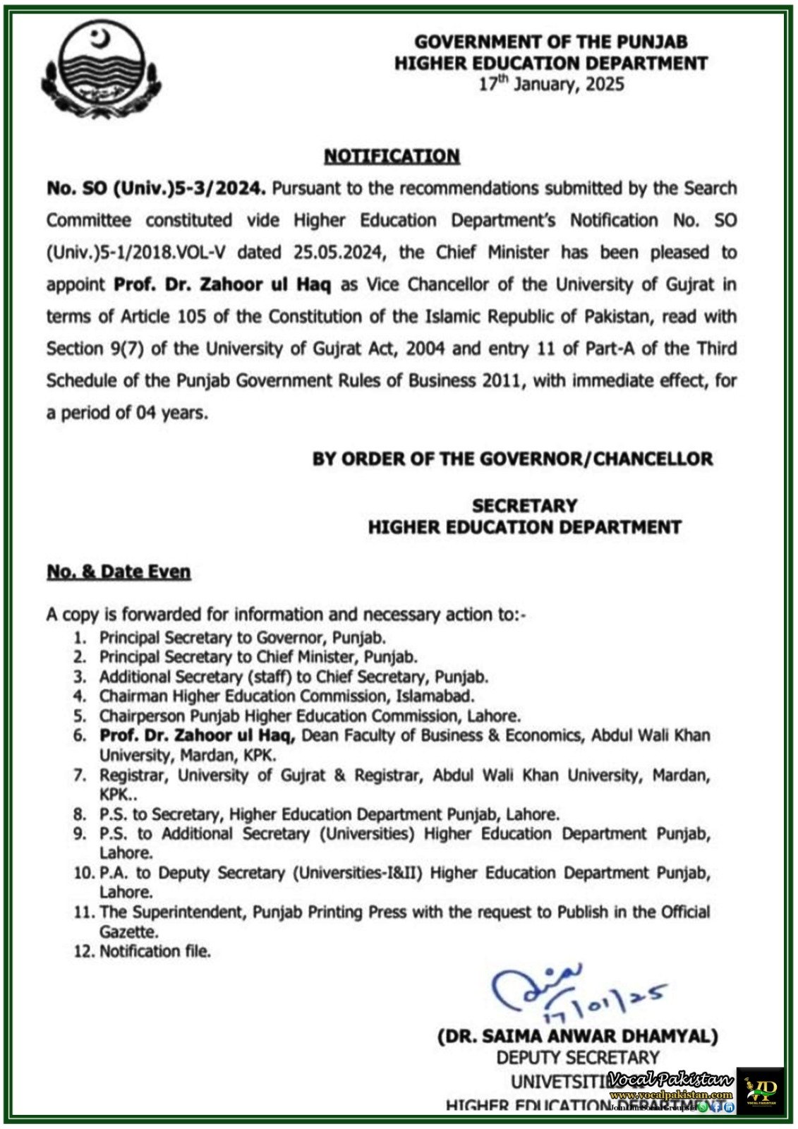 Punjab Higher Education Department Announces New Vice Chancellor for University of Gujrat–Notification