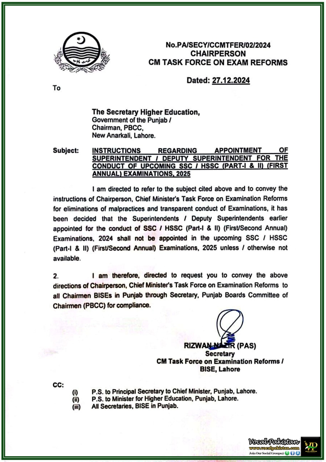 Punjab Implements New Guidelines for SSCHSSC Examination Officials–Notification