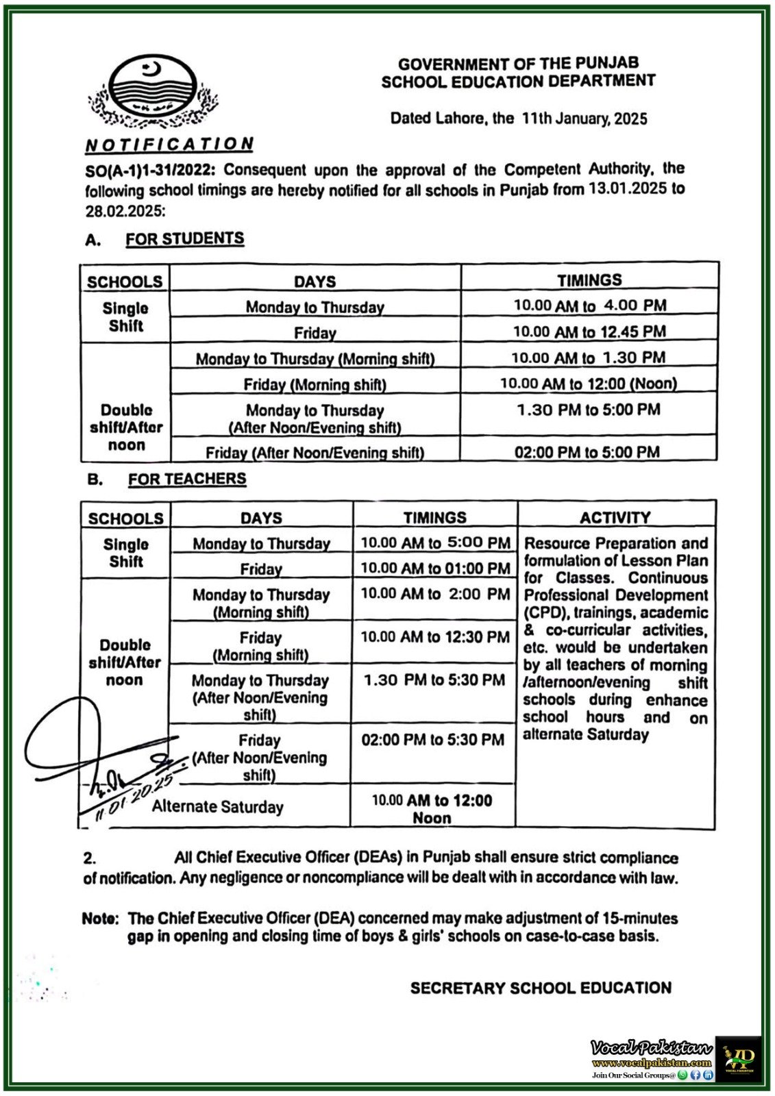 Punjab School Education Department Announces Revised Timings for Students and Teachers–Notification