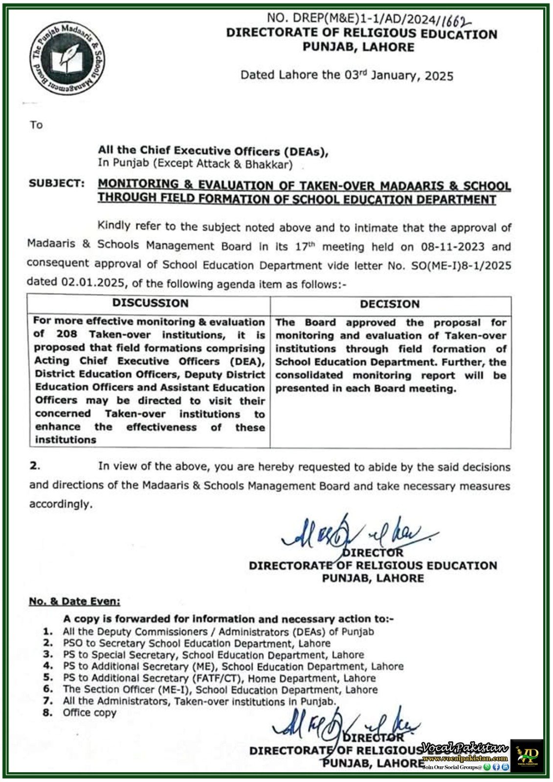 Punjab School Education Department Enhanced Monitoring of Taken-Over Madaaris and Schools Approved–Notification