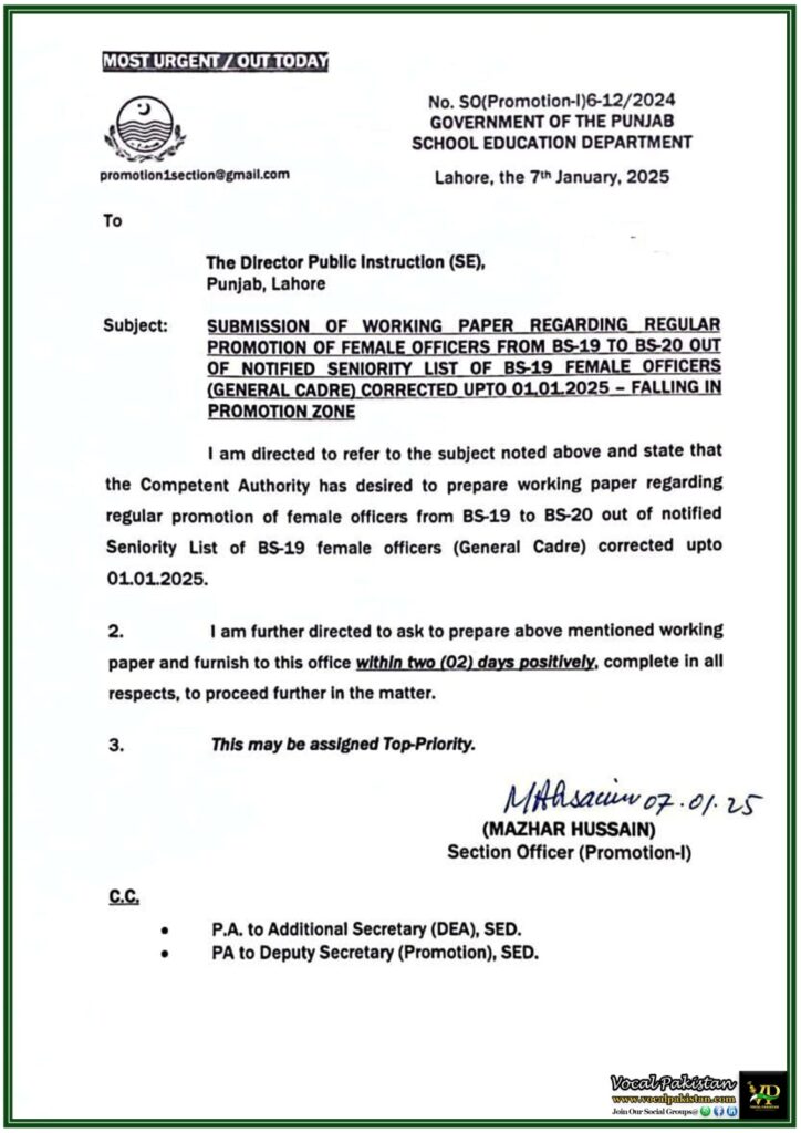Punjab School Education Department Initiates Promotion of Female Officers to BS-20–Notification 9 Punjab School Education Department Initiates Promotion of Female Officers to BS-20–Notification