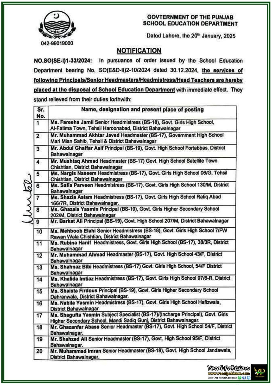 Punjab School Education Department Issues Notification for Transfer of Senior Educational Staff in Bahawalnagar District