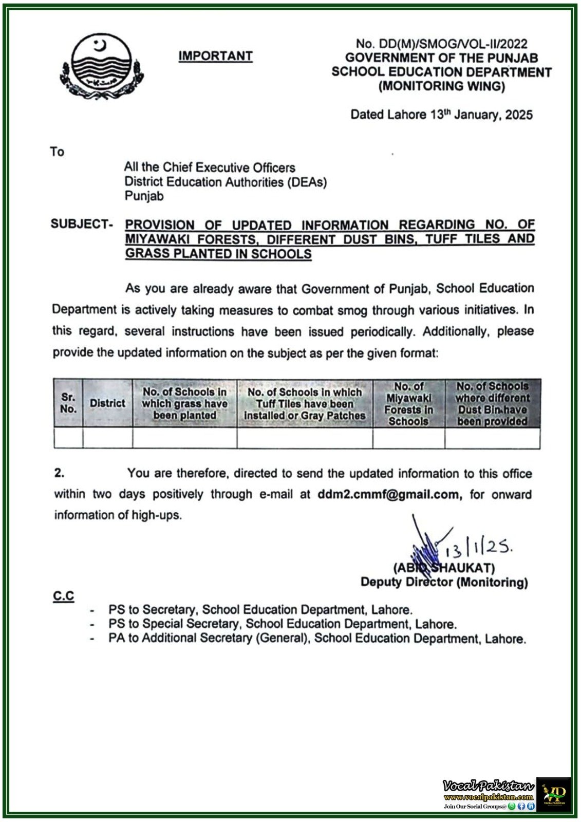 Punjab Schools Directed to Enhance Environmental Initiatives: Updated Data Required–Notification