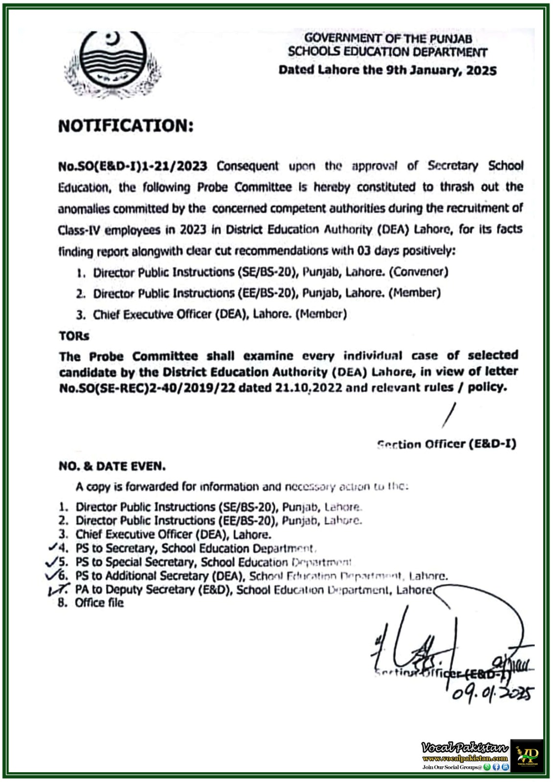 Punjab 6 Punjab Schools Education Department Forms Probe Committee for Recruitment Irregularities-Notification
