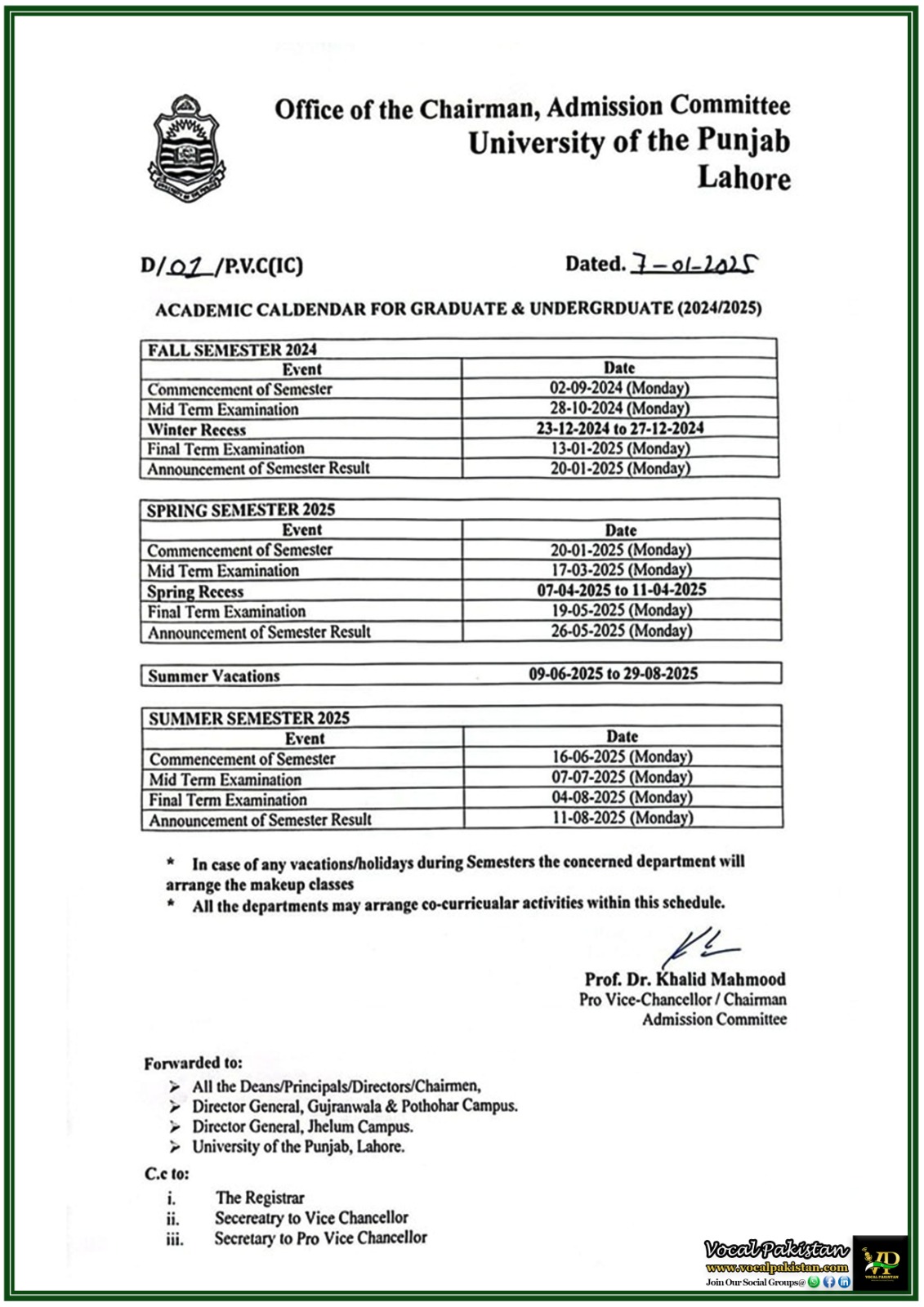 Punjab University Announces Comprehensive Academic Schedule for 2024-25-Notification