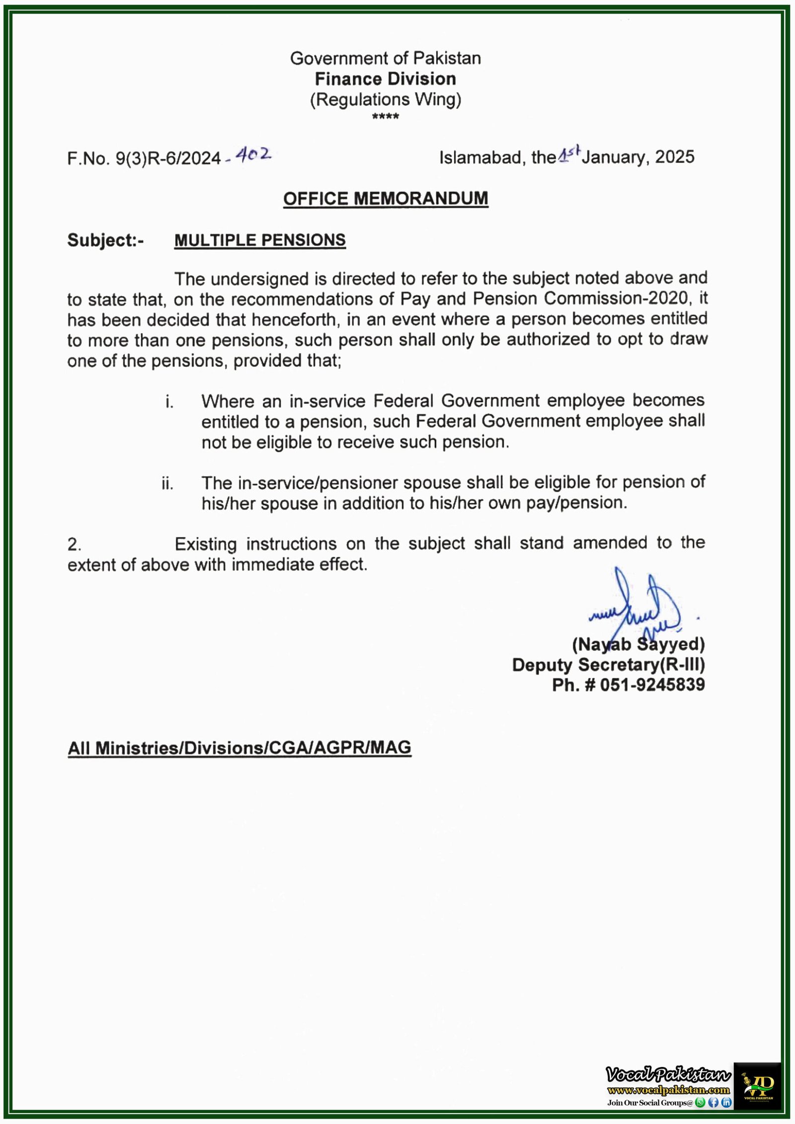 Revised Policy on Multiple Pensions Announced: Finance Division Notification