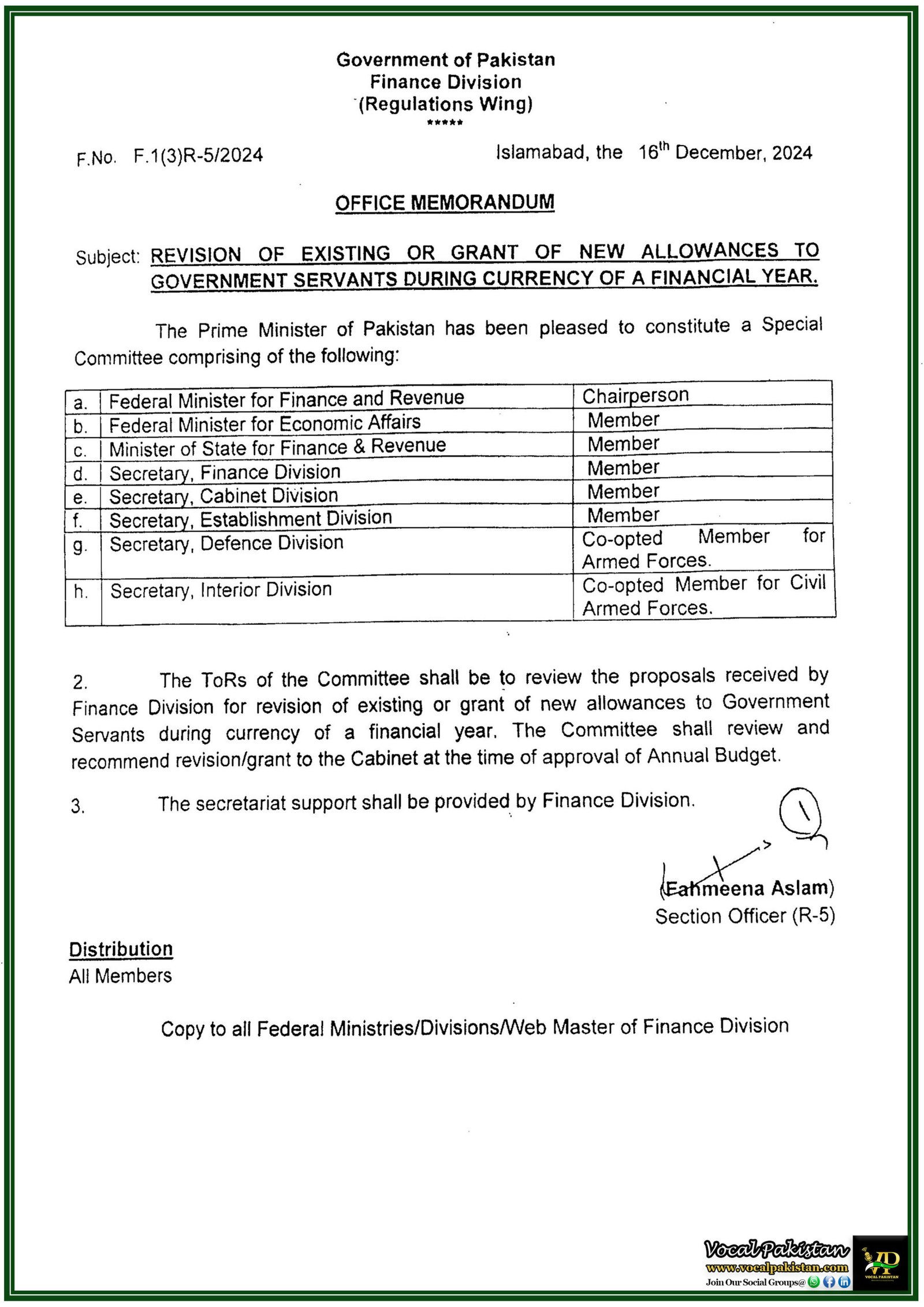 Revision of Existing or Grant of New Allowances to Government Servants during currency of a Financial Year-Notification