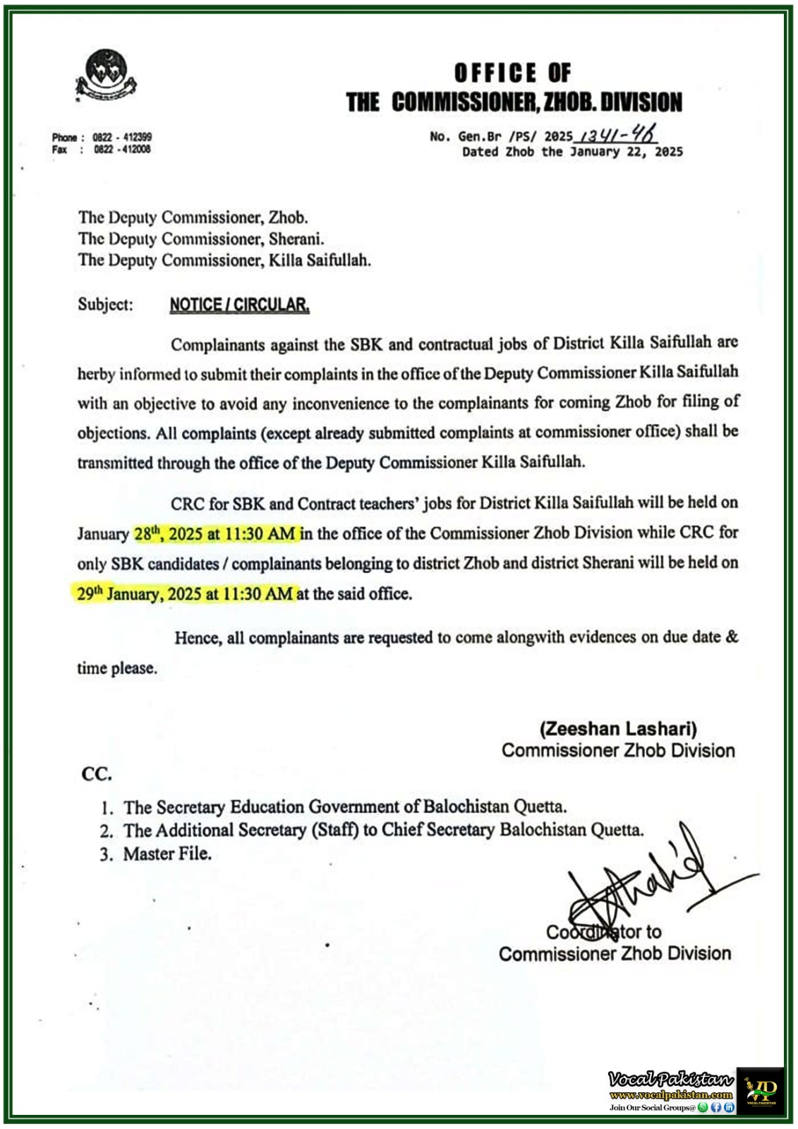 SBK & Contractual Job Complaints in Killa Saifullah Commissioner Zhob Issues–Notification