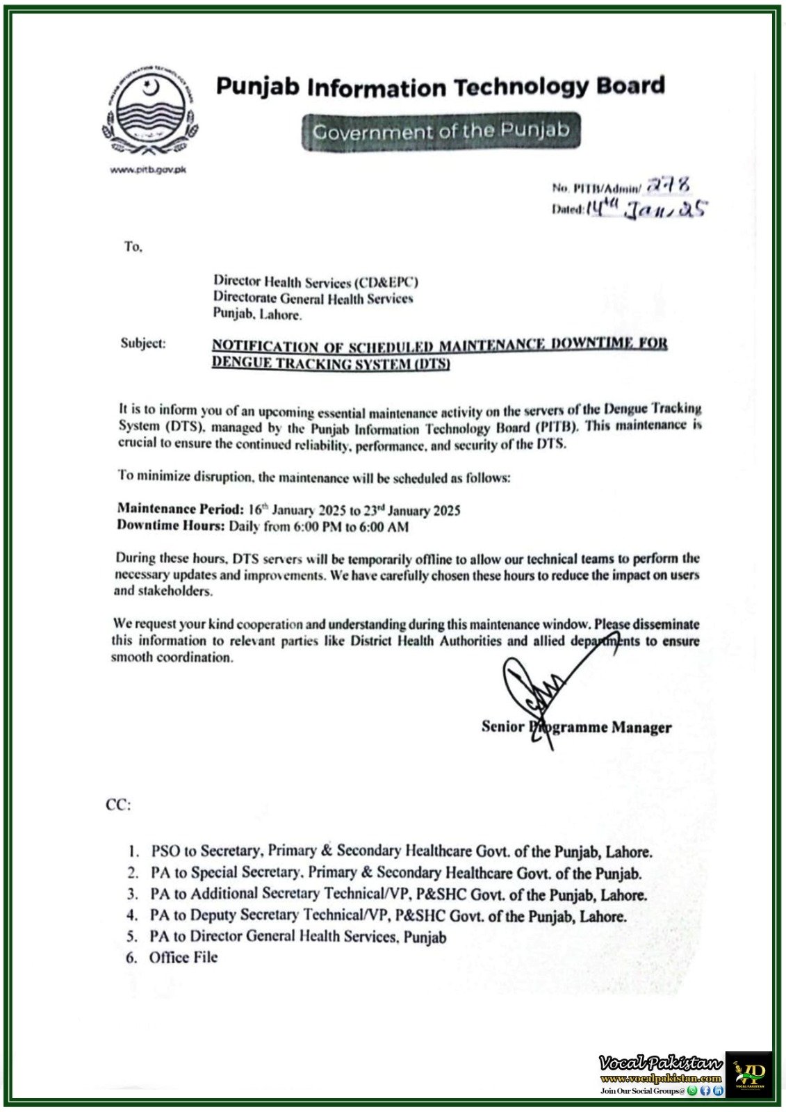 Scheduled Downtime for Dengue Tracking System (DTS) Maintenance Announced by Punjab Information Technology Board (PITB)–Notification