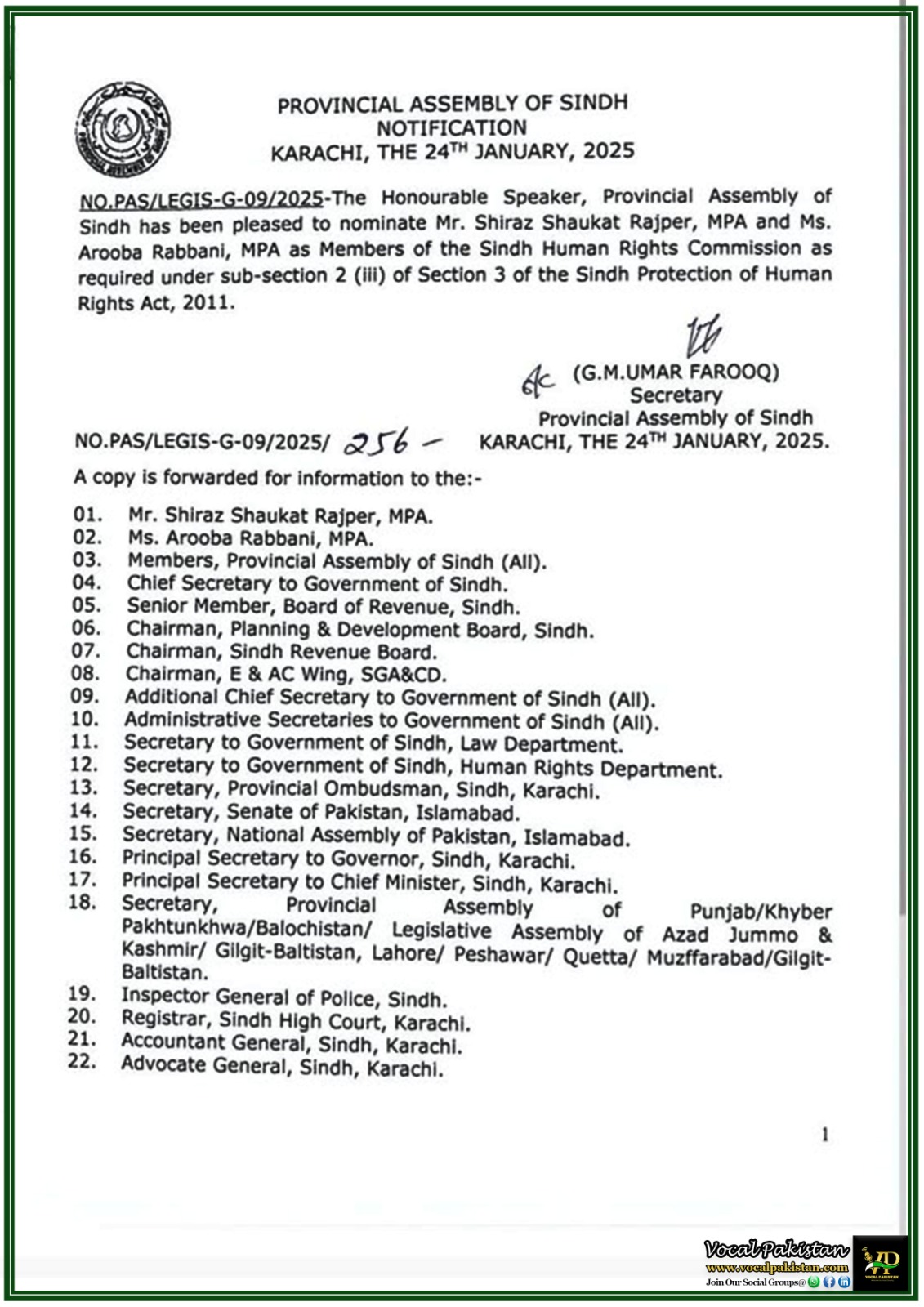 Sindh Assembly Nomination of Shiraz Shaukat Rajper and Arooba Rabbani to Sindh Human Rights Commission –Notification
