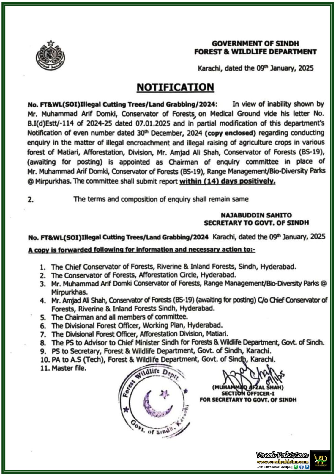 Sindh Forest Department Appoints New Chairman for Enquiry into Illegal Activities–Notification