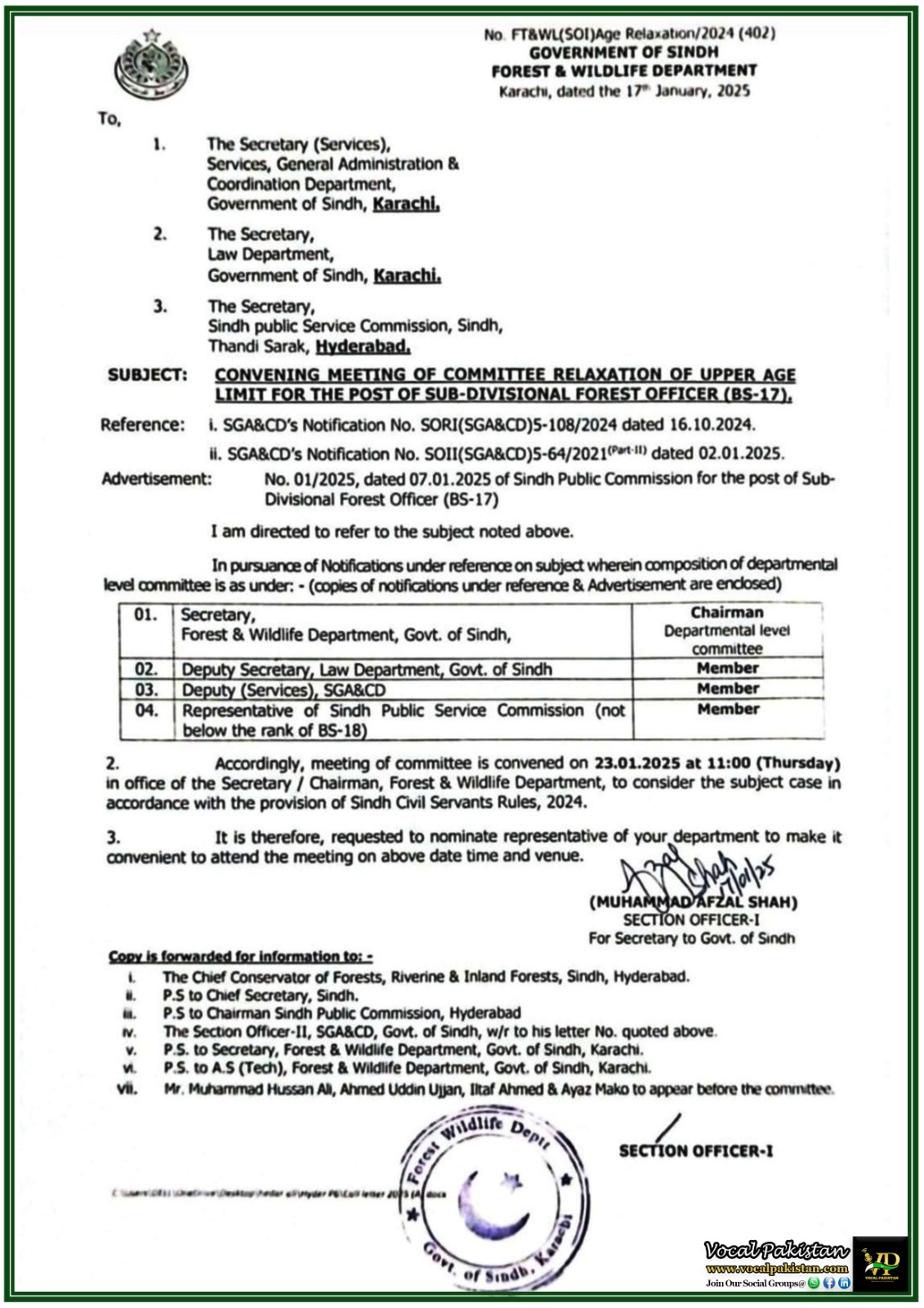 Sindh Forest & Wildlife Department Announces Inter-Departmental Coordination Meeting Scheduled for Age Limit Relaxation-Notification