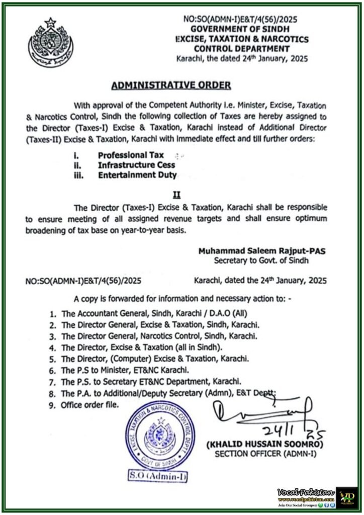 Sindh Government Announces Key Reassignment in Tax Collection Duties-Notification