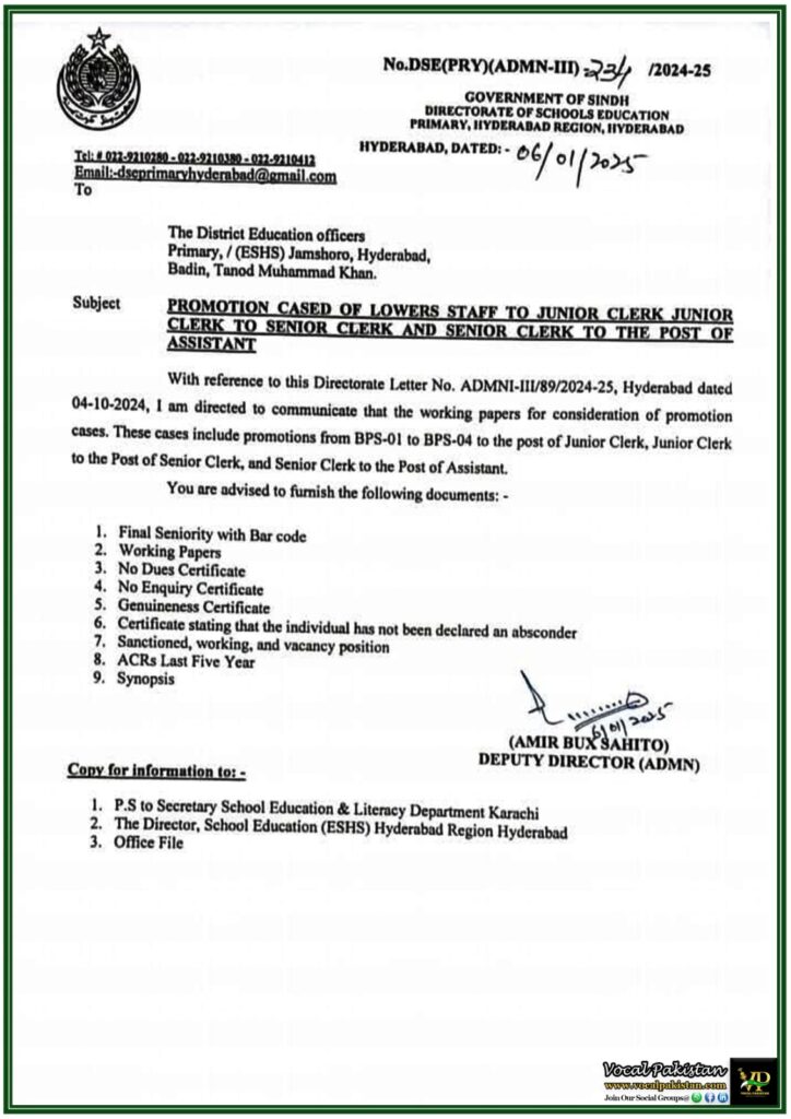 Sindh Government Calls for Documents to Expedite Staff Promotions in Schools Directorate–Notification 8 Sindh Government Calls for Documents to Expedite Staff Promotions in Schools Directorate–Notification