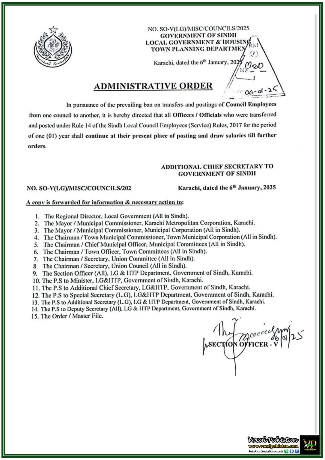 Sindh Government Extends Ban on Local Council Employee Transfers and Postings–Notification