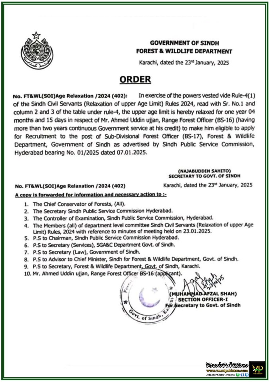 Sindh Government Grants Age Relaxation for Recruitment Forest & Wildlife Department Notification