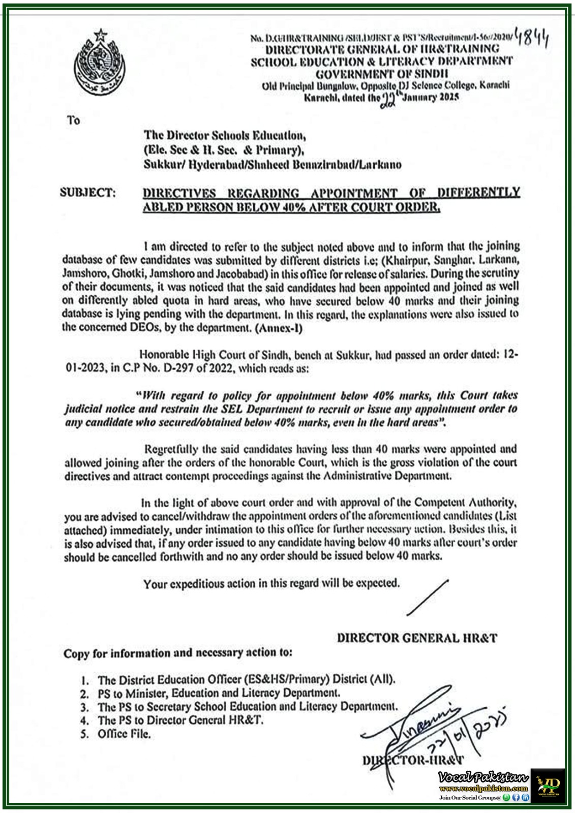 Sindh Govt Issues Directive to Cancel Appointments Below 40% Marks High Court Compliance Notification