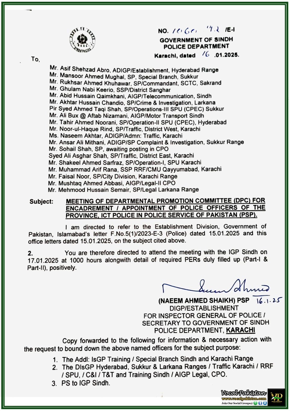 Sindh Police Schedules Departmental Promotion Committee Meeting for PSP Officers–Notification
