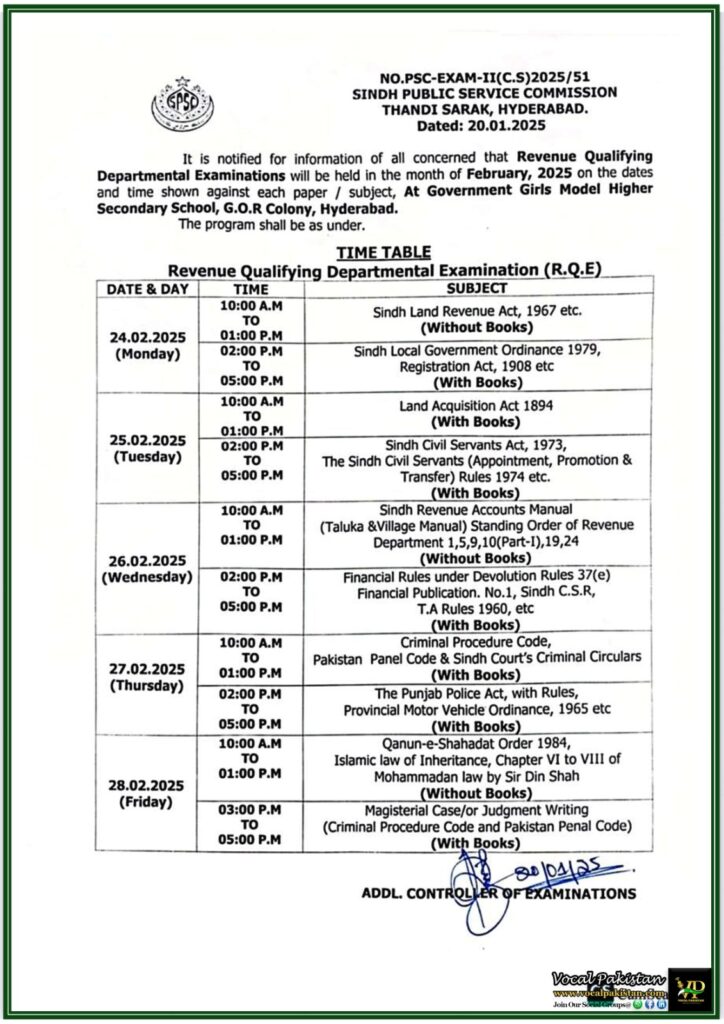 Sindh Public Service Commission (SPSC) Announces February 2025 Revenue Qualifying Examinations–Notification