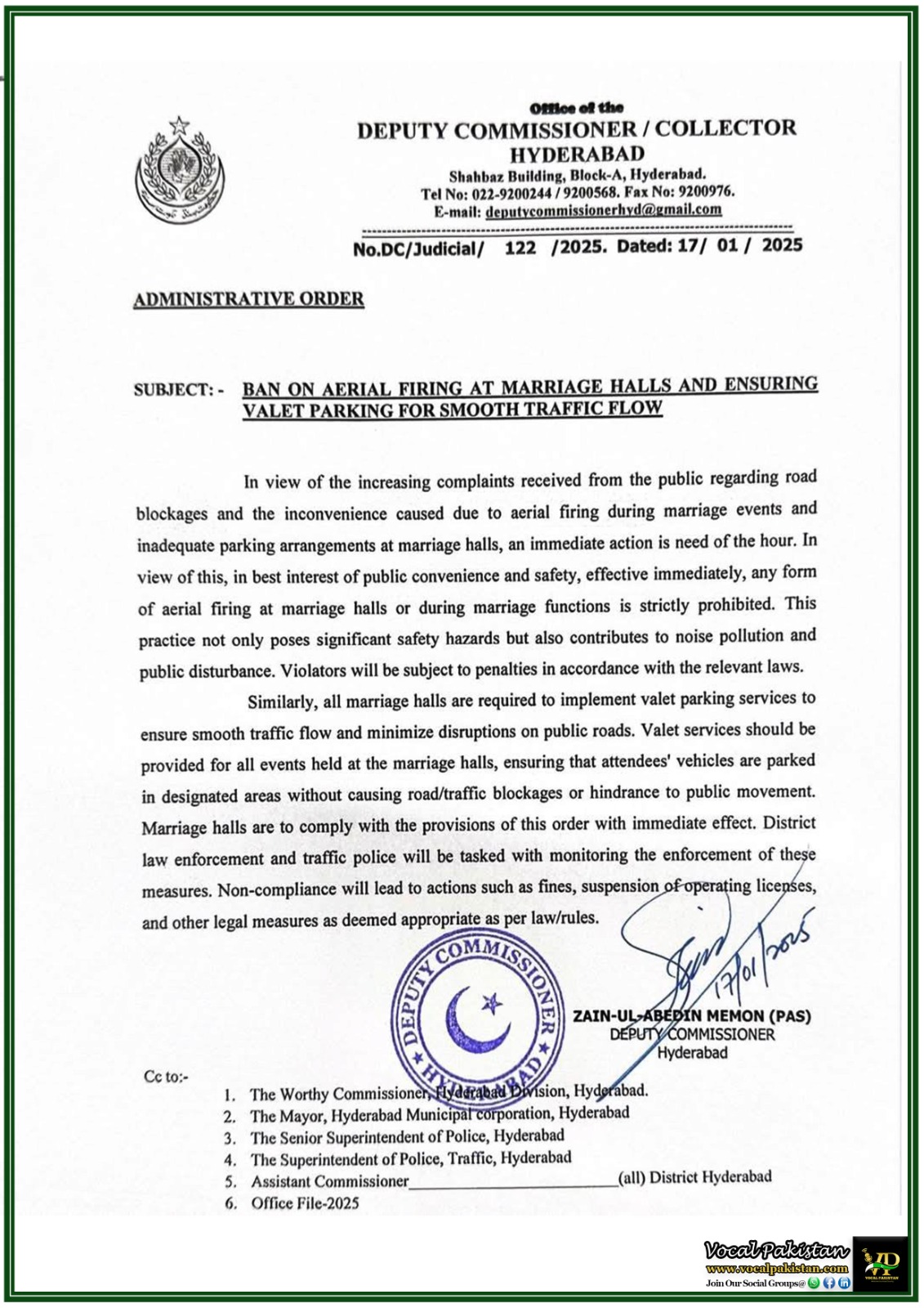 Strict Measures Enforced Deputy Commissioner's Notification Bans Aerial Firing and Mandates Valet Parking in Hyderabad
